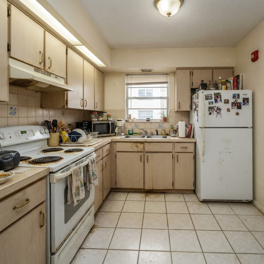 Dated Miami condo kitchen before renovation