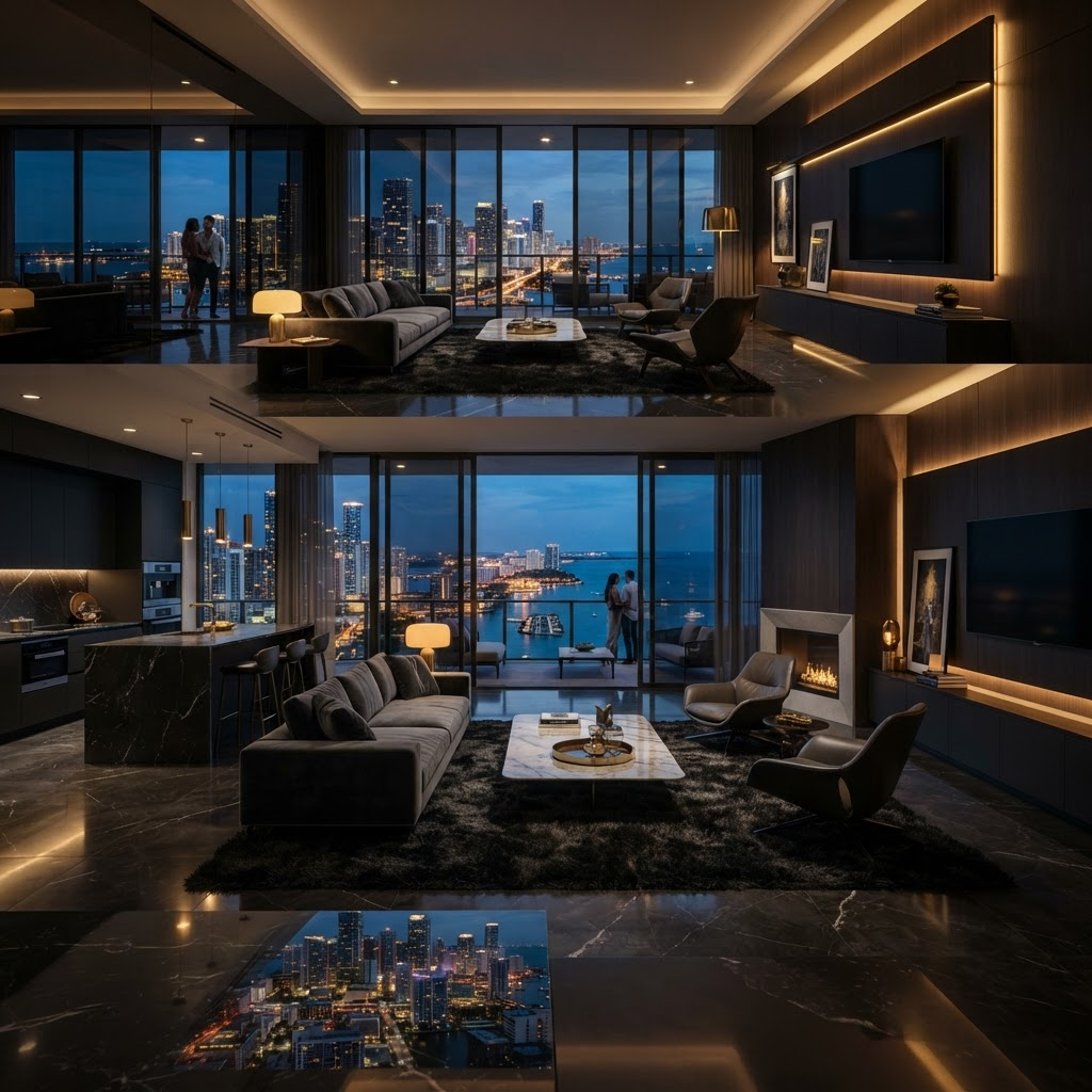 Luxury remodeled Miami high-rise condo interior at dusk overlooking the Brickell skyline