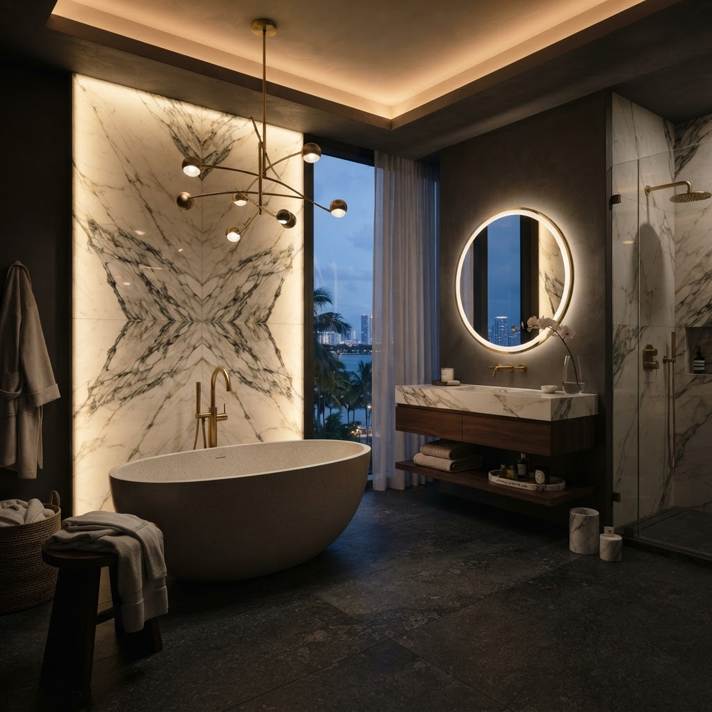 Spa-like luxury bathroom with backlit marble and stone tub