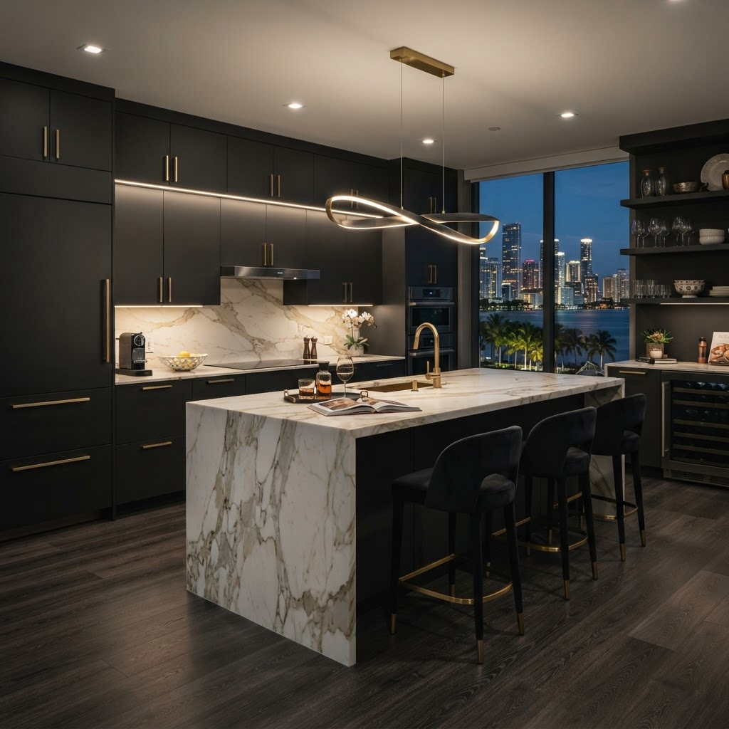 Luxury remodeled kitchen with dark cabinetry and marble island